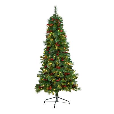 6'Flat Back Montreal Mountain Pine Artificial Christmas Tree with Pinecones, Berries and 150 Warm White LED Lights and 359 Bendable Branches