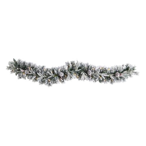 6'Flocked Artificial Christmas Garland with Pine Cones and 35 Warm White LED Lights