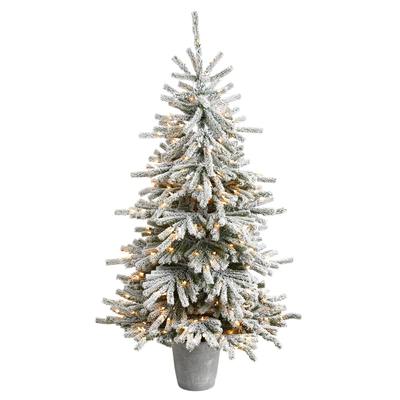 6'Flocked Long Vermont Pine Artificial Christmas Tree with 758 Bendable Branches and 250 LED Lights in Decorative Planter