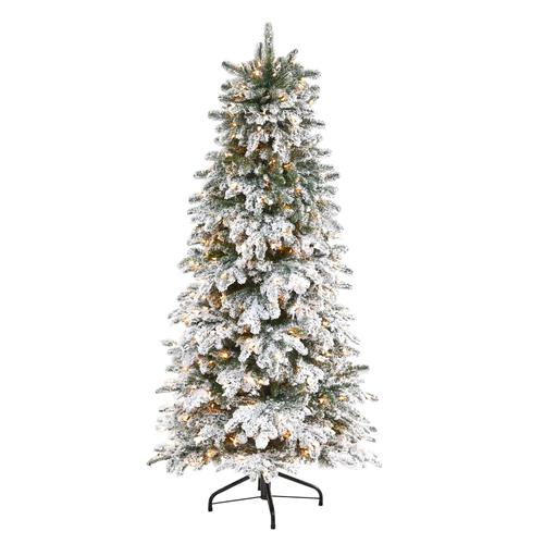6'Flocked North Carolina Fir Artificial Christmas Tree with 450 Warm White Lights and 1560 Bendable Branches