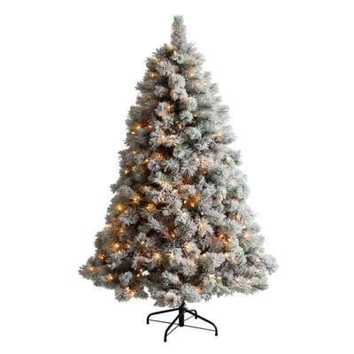 6'Flocked Oregon Pine Artificial Christmas Tree with 300 Clear Lights and 551 Bendable Branches