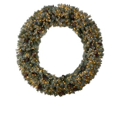 6'Giant Flocked Christmas Artificial Wreath with Pinecones, 600 Clear LED Lights and 1000 Bendable Branches
