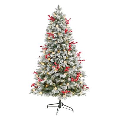 6' Snow Tipped Norwegian Fir Pre-Lit Artificial Christmas Tree with 200 LED Lights, 50 LED Globe Lights, Berries and 906 Bendable Branches