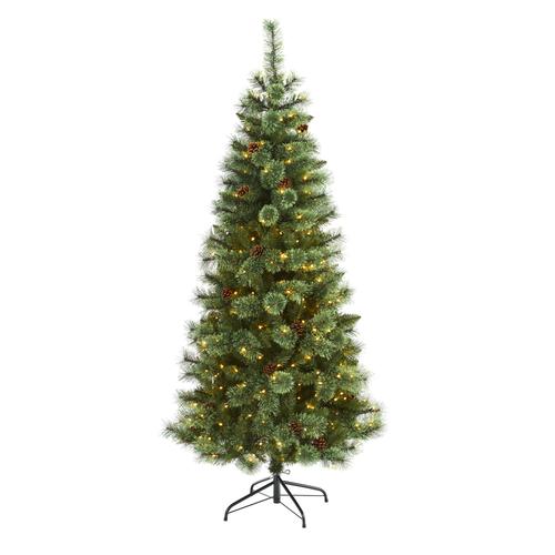 6'White Mountain Pine Artificial Christmas Tree with 300 Clear LED Lights and Pine Cones