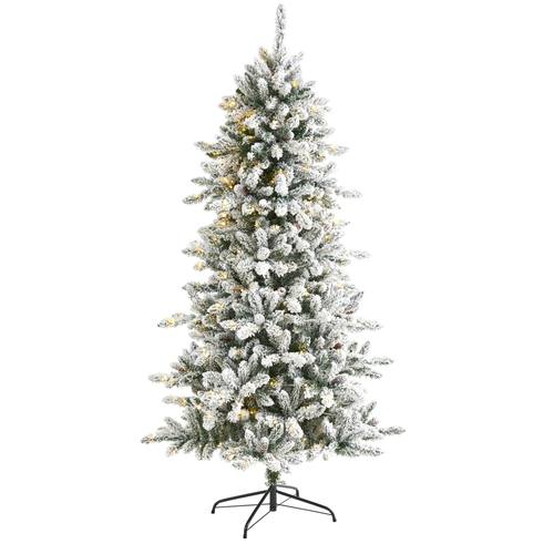 6.5'Flocked Livingston Fir Artificial Christmas Tree with Pine Cones and 300 Clear Warm LED Lights