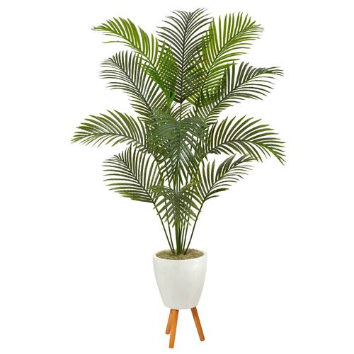 6.5'Golden Cane Artificial Palm Tree in White Planter with Stand