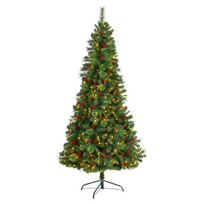 7'Flat Back Montreal Mountain Pine Artificial Christmas Tree with Pinecones, Berries and 210 Warm White LED Lights and 527 Bendable Branches