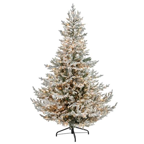 7'Flocked Fraser Fir Artificial Christmas Tree with 600 Warm White Lights and 3852 Bendable Branches