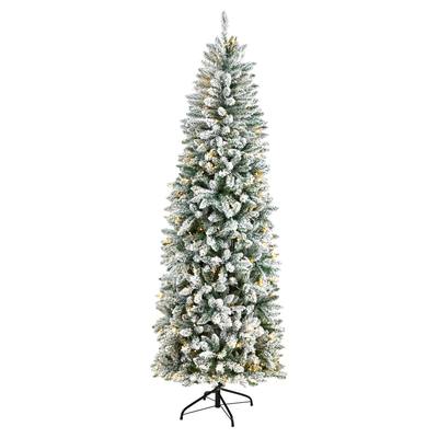 7'Slim Flocked Montreal Fir Artificial Christmas Tree with 300 Warm White LED Lights and 995 Bendable Branches