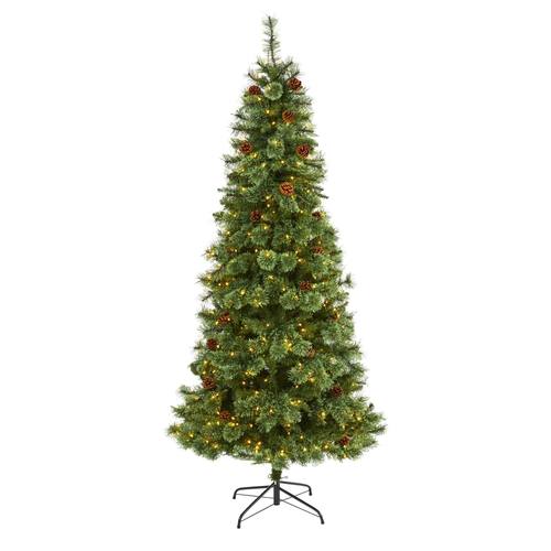 7'White Mountain Pine Artificial Christmas Tree with 400 Clear LED Lights and Pine Cones