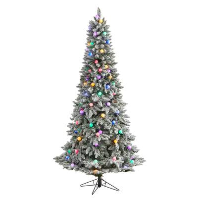 7.5' Flocked British Columbia Mountain Fir Artificial Christmas Tree with 95 Multi Color Globe Bulbs and 1113 Bendable Branches