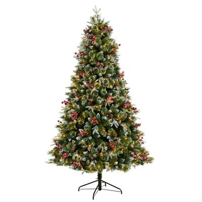 7.5' Snow Tipped Aspen Spruce Pre-Lit Artificial Christmas Tree with 450 LED lights, Berries, Pinecones and 1528 Bendable Branches
