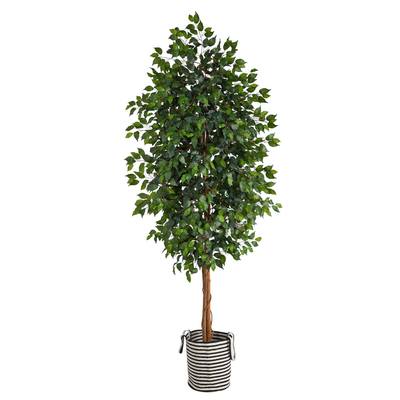 8'Ficus Artificial Tree in Handmade Black and White Natural Jute and Cotton Planter