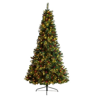 8'Flat Back Montreal Mountain Pine Artificial Christmas Tree with Pinecones, Berries and 300 Warm White LED Lights and 767 Bendable Branches