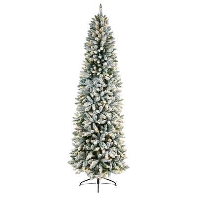 8'Slim Flocked Montreal Fir Artificial Christmas Tree with 400 Warm White LED Lights and 1348 Bendable Branches