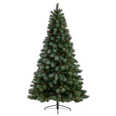 8'Snowed French Alps Mountain Pine Artificial Christmas Tree with 1159 Bendable Branches and Pine Cones