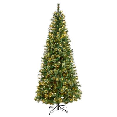 8'Wisconsin Slim Snow Tip Pine Artificial Christmas Tree with 600 Clear LED Lights and 908 Bendable Branches