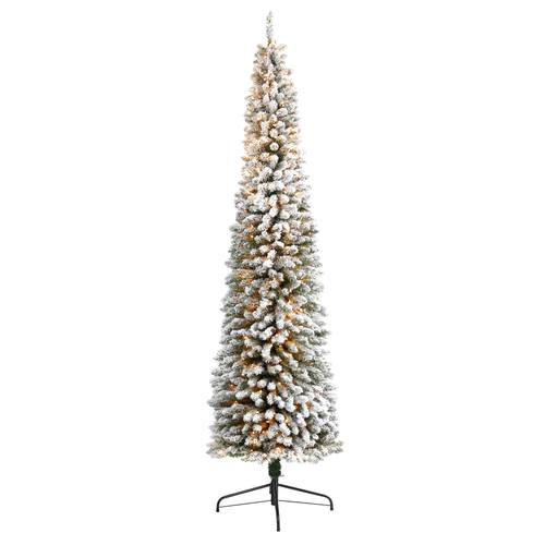 9'Flocked Pencil Artificial Christmas Tree with 600 Clear Lights and 896 Bendable Branches