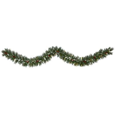9'Frosted Swiss Pine Artificial Garland with 50 Clear LED Lights and Berries