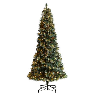 9'Frosted Tip British Columbia Mountain Pine Artificial Christmas Tree with 700 Clear Lights, Pine Cones and 1512 Bendable Branches