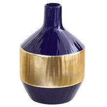Load image into Gallery viewer, 9&quot; Lux Blue Ceramic Vase with Gold Band
