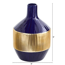 Load image into Gallery viewer, 9&quot; Lux Blue Ceramic Vase with Gold Band

