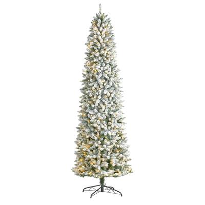 9'Slim Flocked Montreal Fir Artificial Christmas Tree with 600 Warm White LED Lights and 1860 Bendable Branches