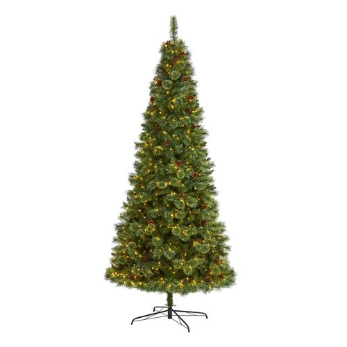 9'White Mountain Pine Artificial Christmas Tree with 650 Clear LED Lights and Pine Cones