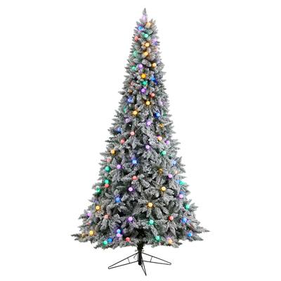 9.5' Flocked British Columbia Mountain Fir Artificial Christmas Tree with 150 Multi Color Globe Bulbs and 2297 Bendable Branches