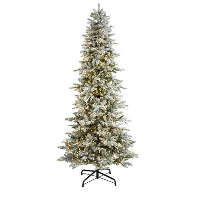 9.5'Slim Flocked Nova Scotia Spruce Artificial Christmas Tree with 600 Warm White LED Lights and 1357 Bendable Branches