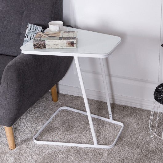 Modern C Shape Glass Steel Accent End Table-White