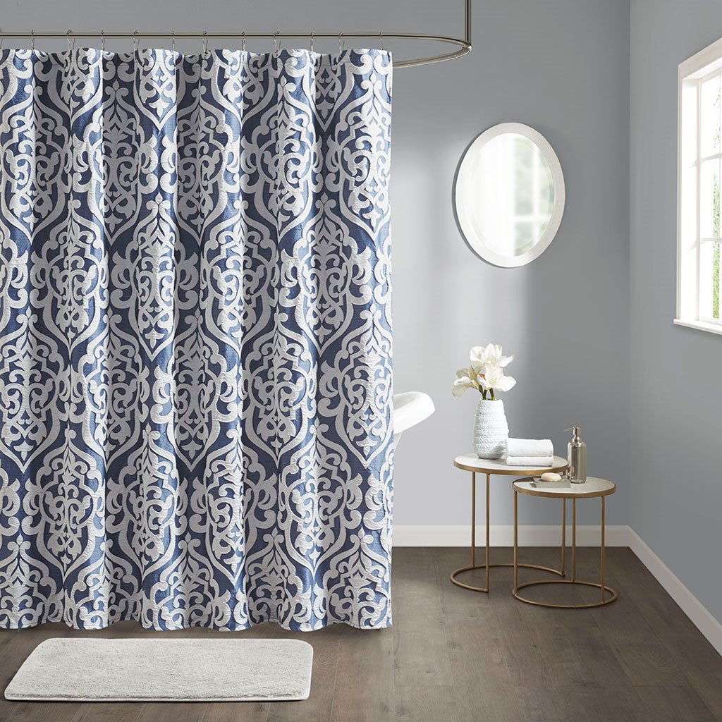 Madison Park Odette 100% Polyester Jacquard Shower Curtain- Navy MP70-6876 By Olliix