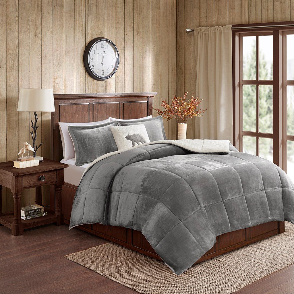 Woolrich Alton 100% Polyester Solid Low Pile Velour To Berber Comforter Set - King - Charcoal/Ivory WR10-2888 By Olliix