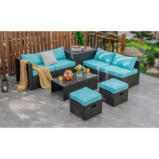 8 Pieces Patio Rattan Storage Table Furniture Set-Turquoise