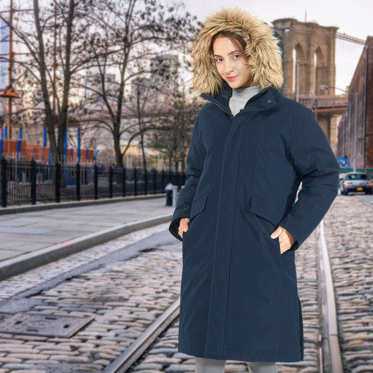 Women's Hooded Long Down Coat with Faux-fur Trim-Navy-XL