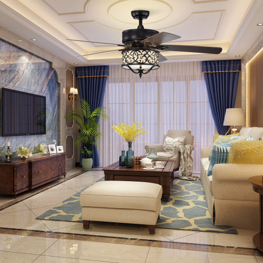 52 Inches Light Retro Ceiling Fan with Reversible Blades and Remote-Black