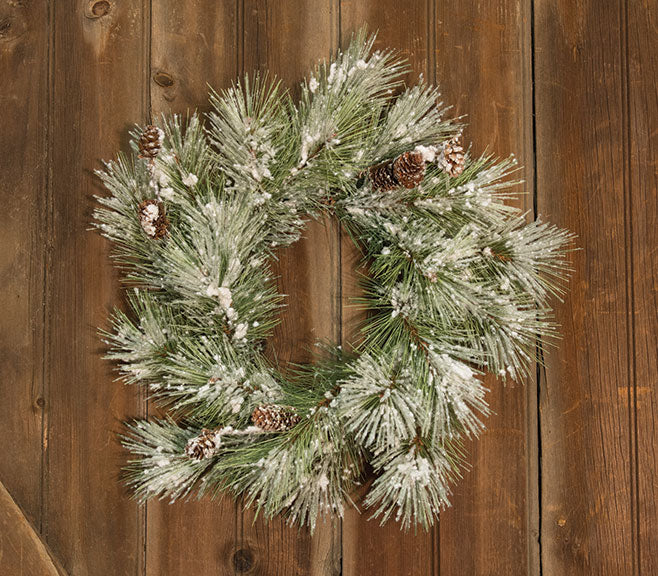 Flocked Pine Wreath w/Pinecones 18
