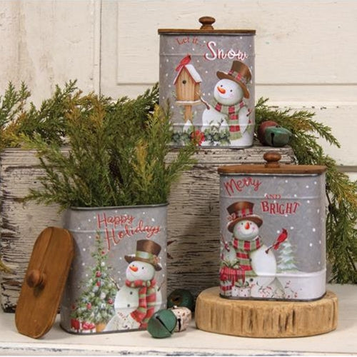 Metal Snowman Canister w/Lid 3 Asstd. (Pack of 2)