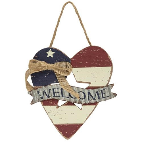 Wooden Heart Flag Welcome Ornament  (Pack of 4)