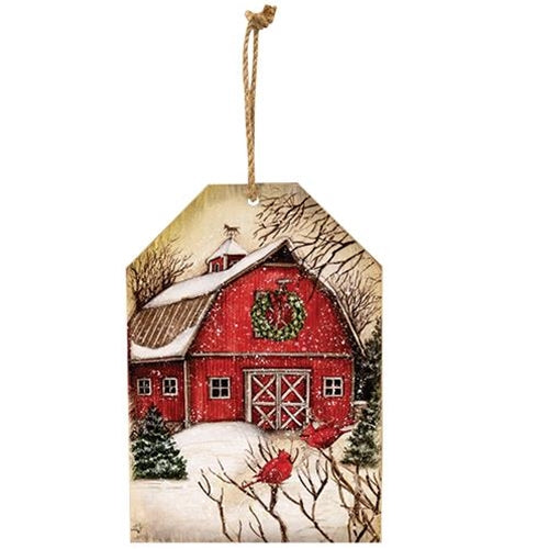 Winter Barn Scene Wooden Tag Ornament  (Pack of 4)