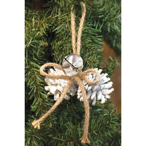 White Pinecone with Bell Ornament (Pack of 4)