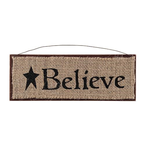 Burlap & Wood Believe Sign Orn 8x3 (Pack of 4)