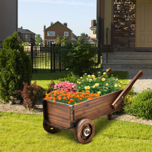 Wooden Wagon Planter Box with Wheels Handles and Drainage Hole-Rustic Brown