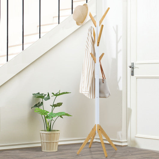 Bamboo Coat Rack Stand with 6 Hooks-White