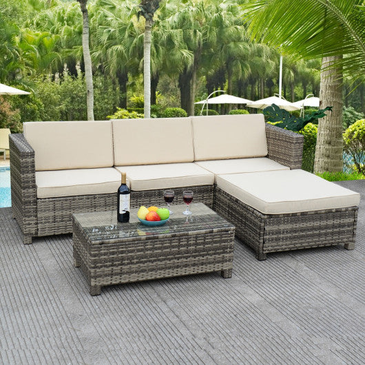5 pcs Outdoor Cushioned Rattan Sofa Furniture Set