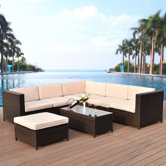 7 pcs Outdoor Rattan Wicker Furniture Set with Rectangle Coffee Table