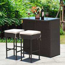 Load image into Gallery viewer, 3-piece Rattan Wicker Bar Table Stools Dining Set Cushioned Chairs
