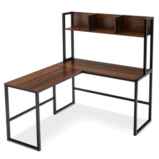 Reversible L-Shaped Corner Desk with Storage Bookshelf-Walnut