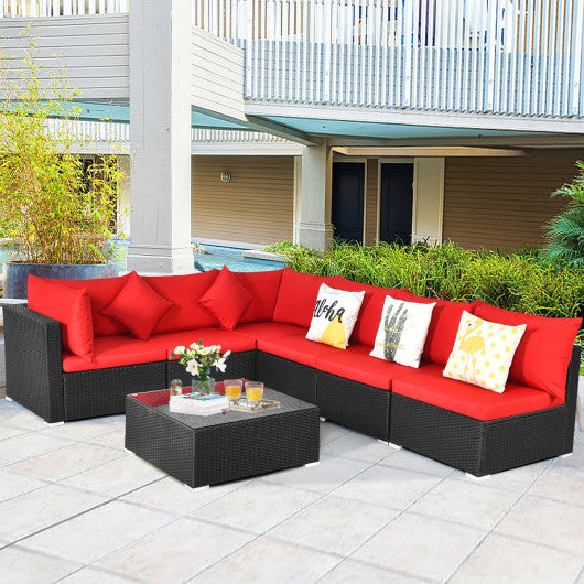 7-Piece Outdoor Wicker Patio Sofa Set with 2 Pillows and Cushions-Red