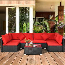 Load image into Gallery viewer, 7-Piece Outdoor Wicker Patio Sofa Set with 2 Pillows and Cushions-Red
